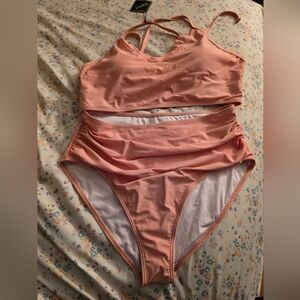 Pink Two-Piece Swimsuit bikini ruffle top high waist size Large